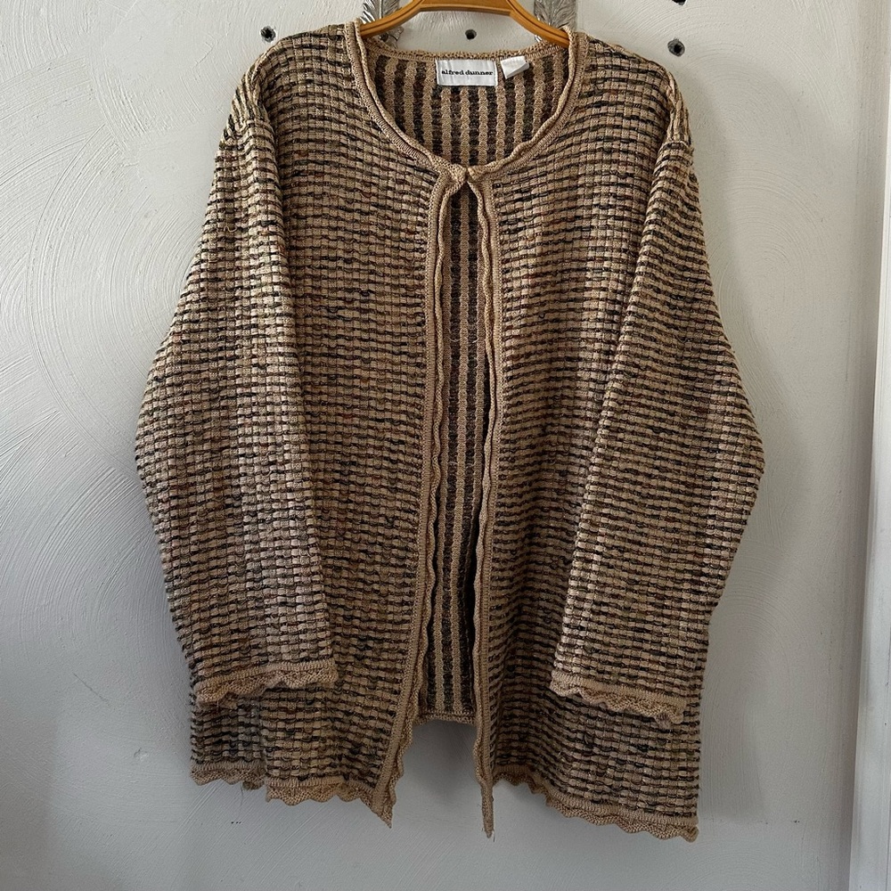 Vintage 90s Cassie Cardigan in Tan wMuted Deep Tones Gold Metallic Fairy Ruffle